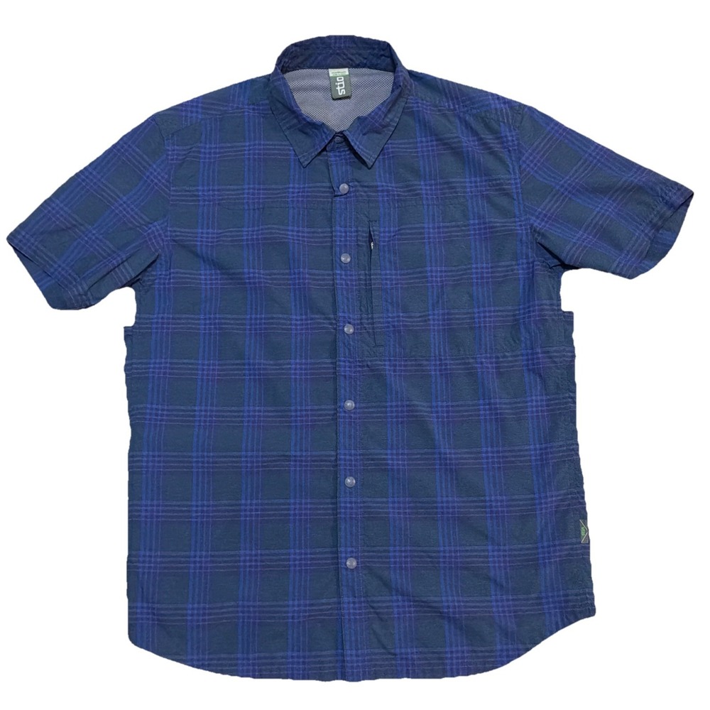 Stio Men's Full Snap Medium Plaid Short-Sleeve Tech Shirt Zipped Pockets